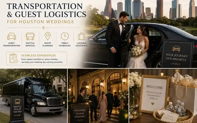 Houston wedding transportation and guest logistics featuring luxury chauffeur service, wedding guest shuttle transportation, elegant wedding venue arrivals, and coordinated travel planning for Houston wedding celebrations